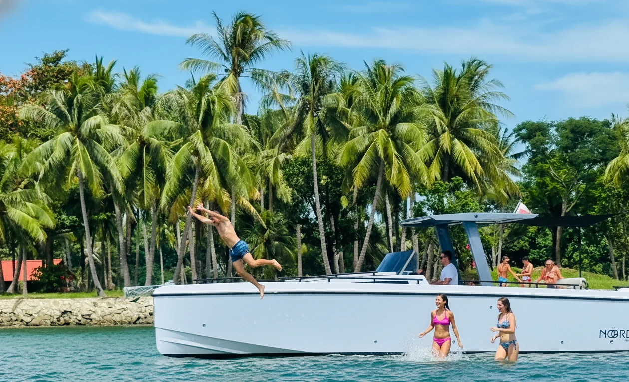 Friends enjoying a Noordic boat beside a tropical island